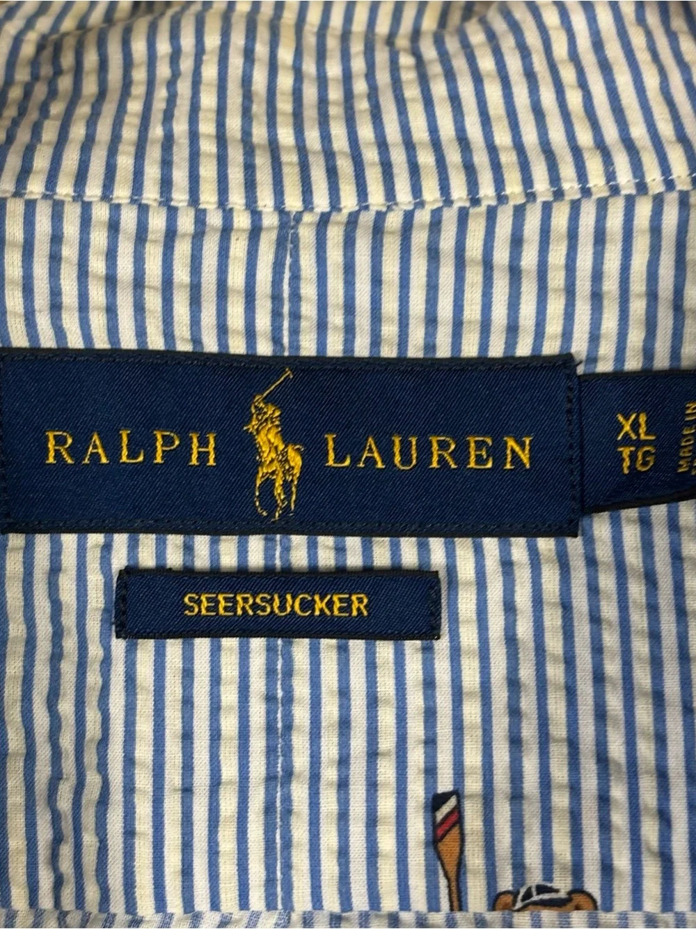 Ralph Lauren Classic Fit Striped Seersucker Boating Bear Shirt Mens XL Blue